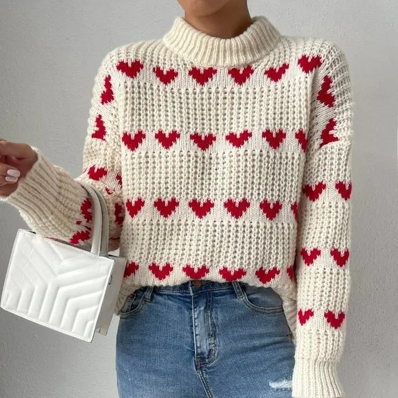 White Beige Casual Womens Heart Pattern Drop Shoulder Sweater - Picture 4 of 5